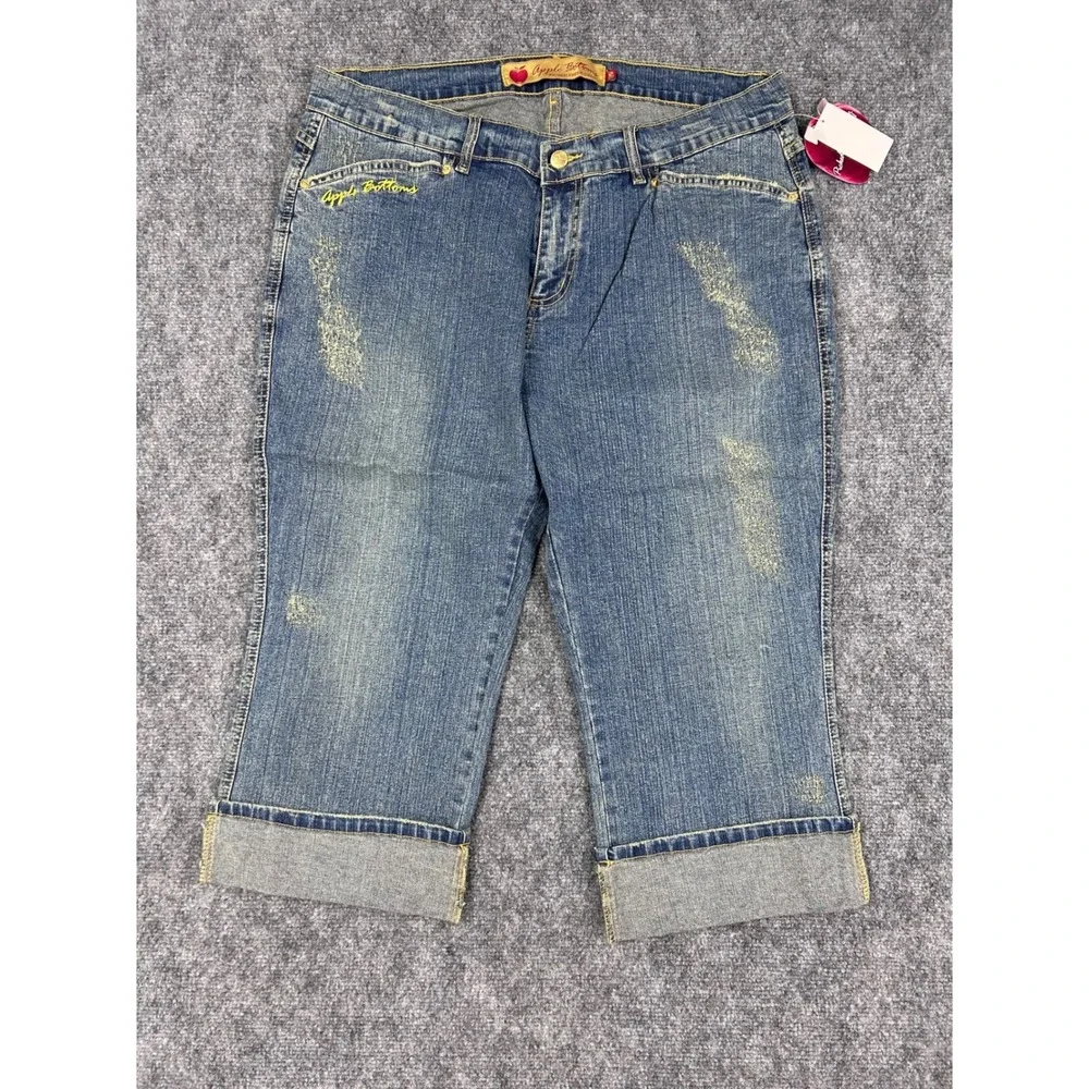 VTG Apple Bottoms Womens Jeans Size 18W Capri Distressed Yellow Embroidered NWOT